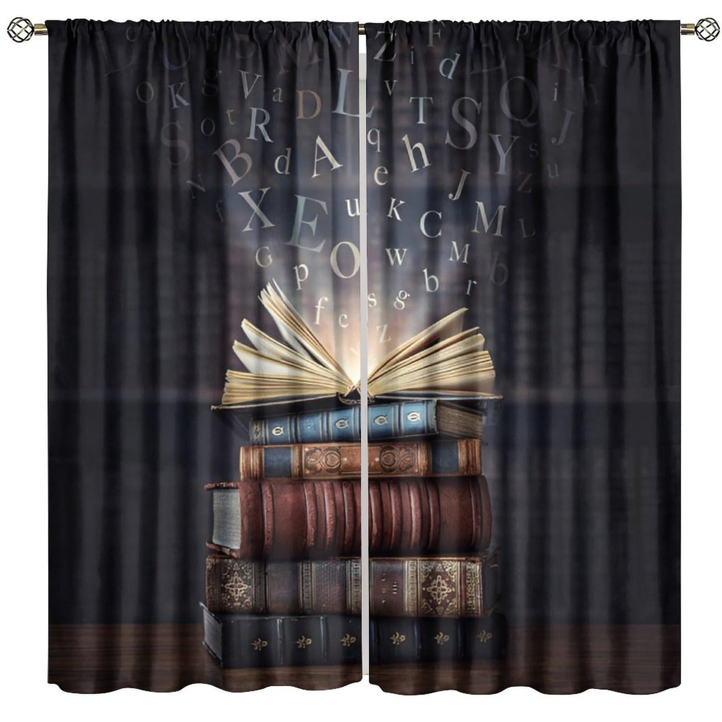 Nsbul Book Stack Curtains Mystical Alphabet Open Book Design Window Treatment Vintage Bookshelf Window Drapes for Bedroom Living Room,42" W X 45" L (No Blackout)