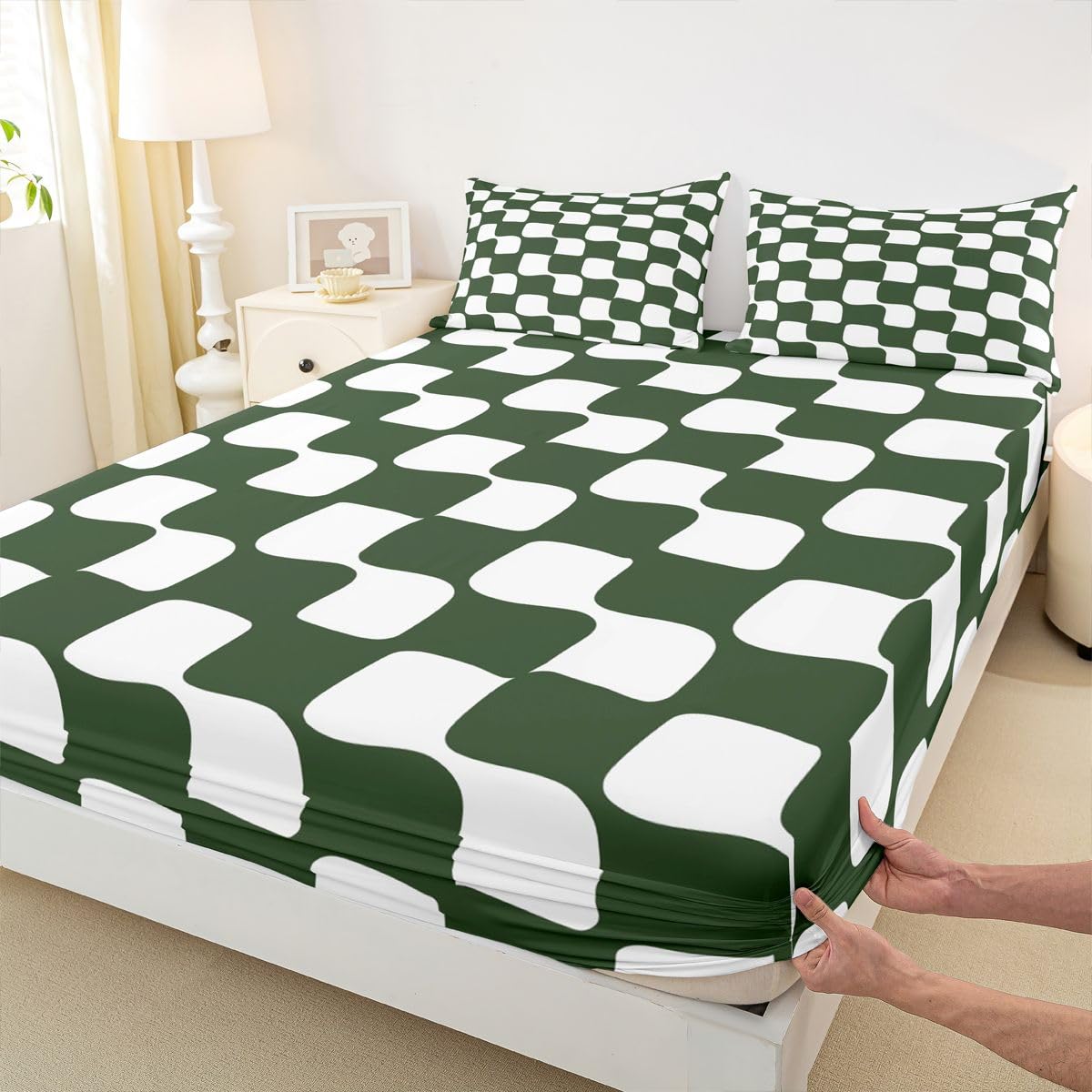 jejeloiu Checkered Grid Fitted Sheet Full Size for Kids Boys Girls Buffalo Plaid Bed Sheets Set 16" Deep Pocket Soft Breathable Microfiber Green White Bedding with 2 Pillowcases Geometric Room Decor
