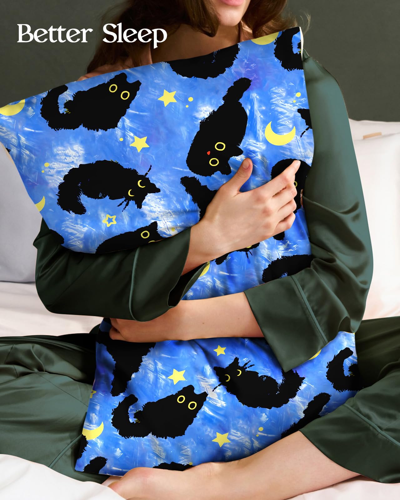 Miss Adola Silk Pillowcase 2 Pack - Cute Pillow Cases 20" x 26" Standard Size Set of 2 for Hair and Skin Smooth Soft Breathable with Hidden Zipper Cooling Pillow Covers for Sleeping, Blue Moon Cat