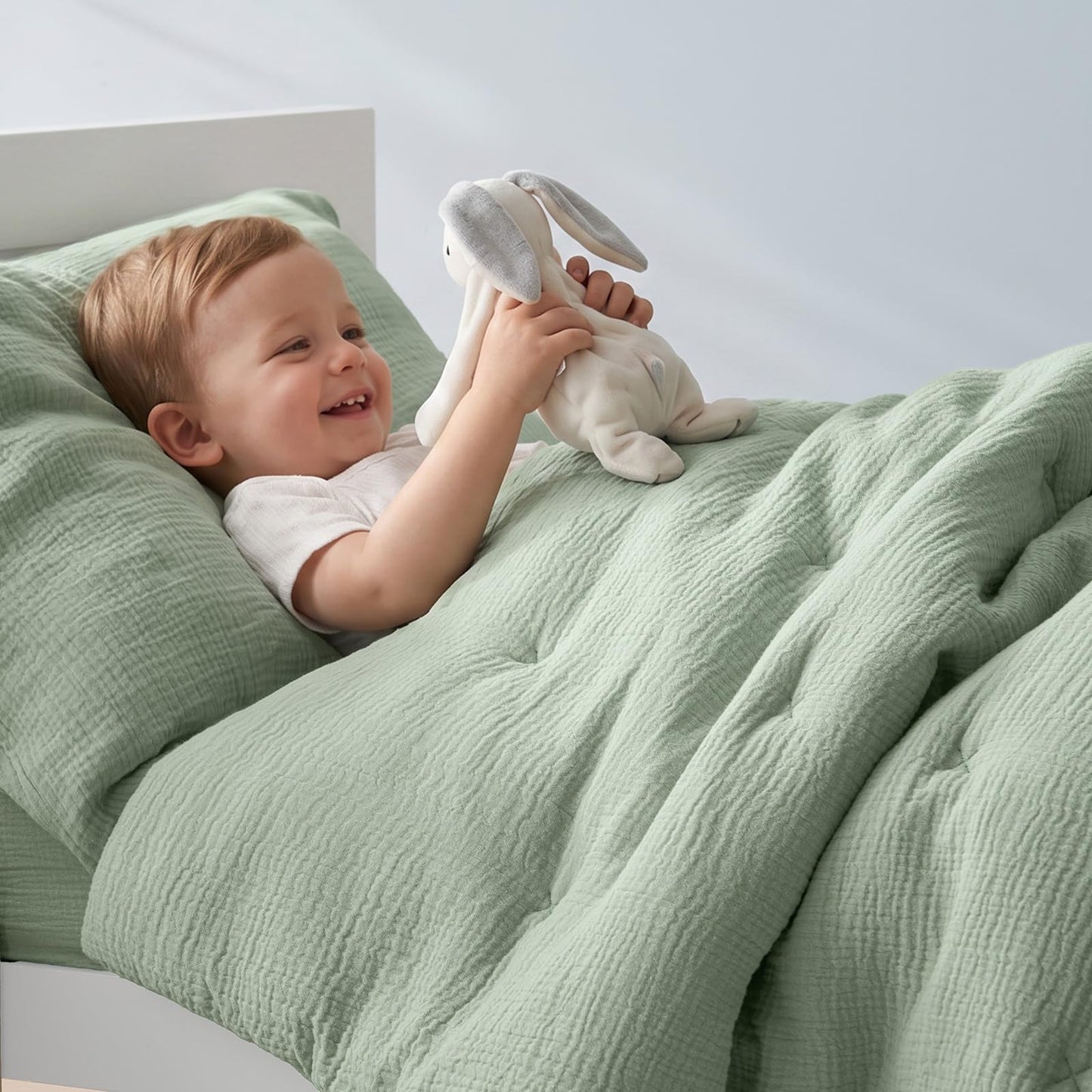 PHF Cotton Muslin Toddler Bedding Set, Soft 3 Piece Toddler Comforter Kids Bed Set, Green Bedding Set for Boys