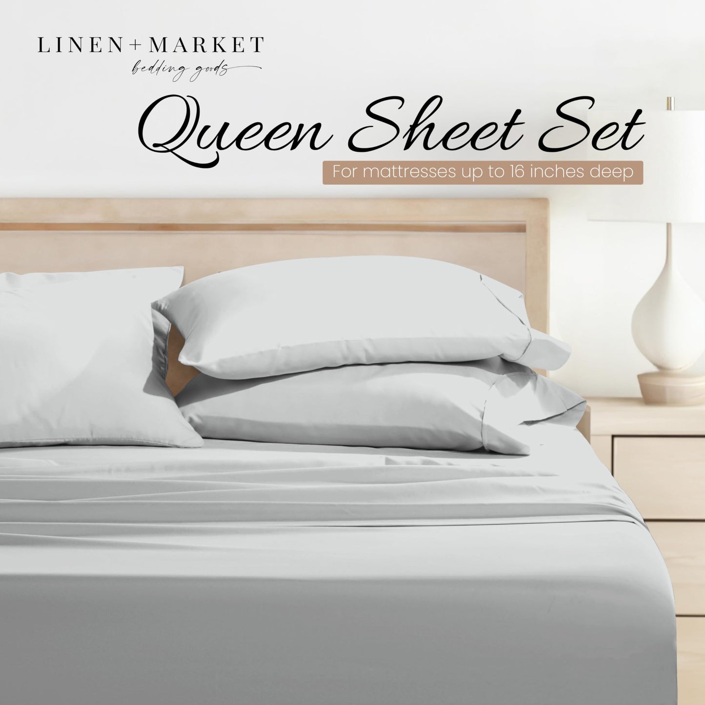 Linen Market Brushed Microfiber Queen Sheet Set 4 Piece – Oeko-TEX Certified Ultra Soft & Wrinkle-Free - 16" Deep Pocket Sheets - Easy Care Queen Size - Light Gray