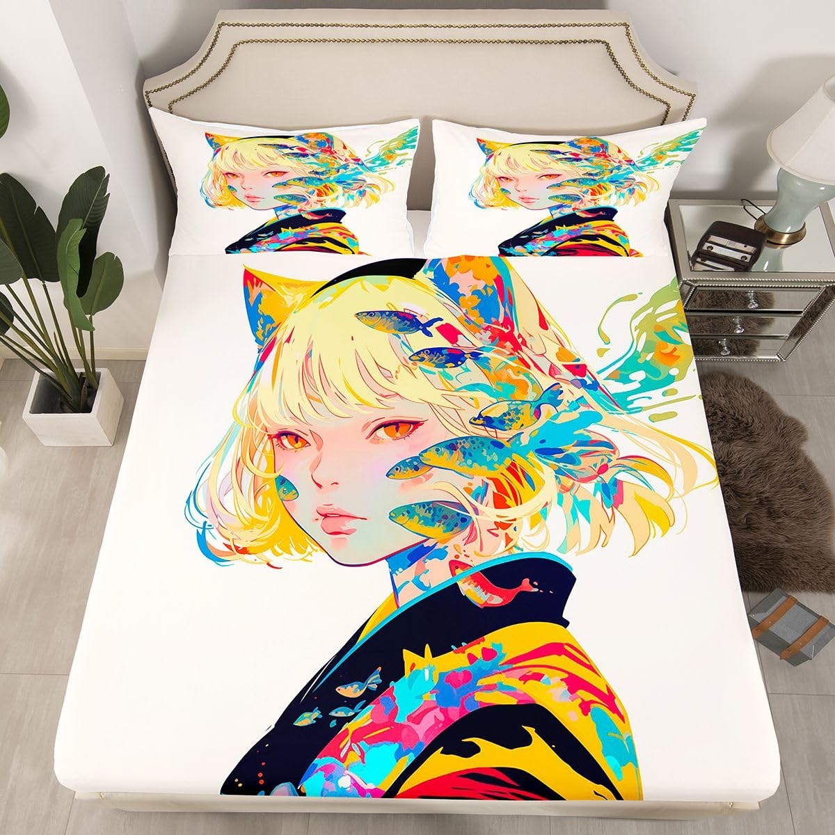 3D Anime Bed Sheets Japanese Girl Style Bed Set Queen for Cartoon Fans Fitted Sheet, Kawaii Anime Design Pattern Sheets with 2 Pillow Cases, Anime Gifts for Girls Anime Lover