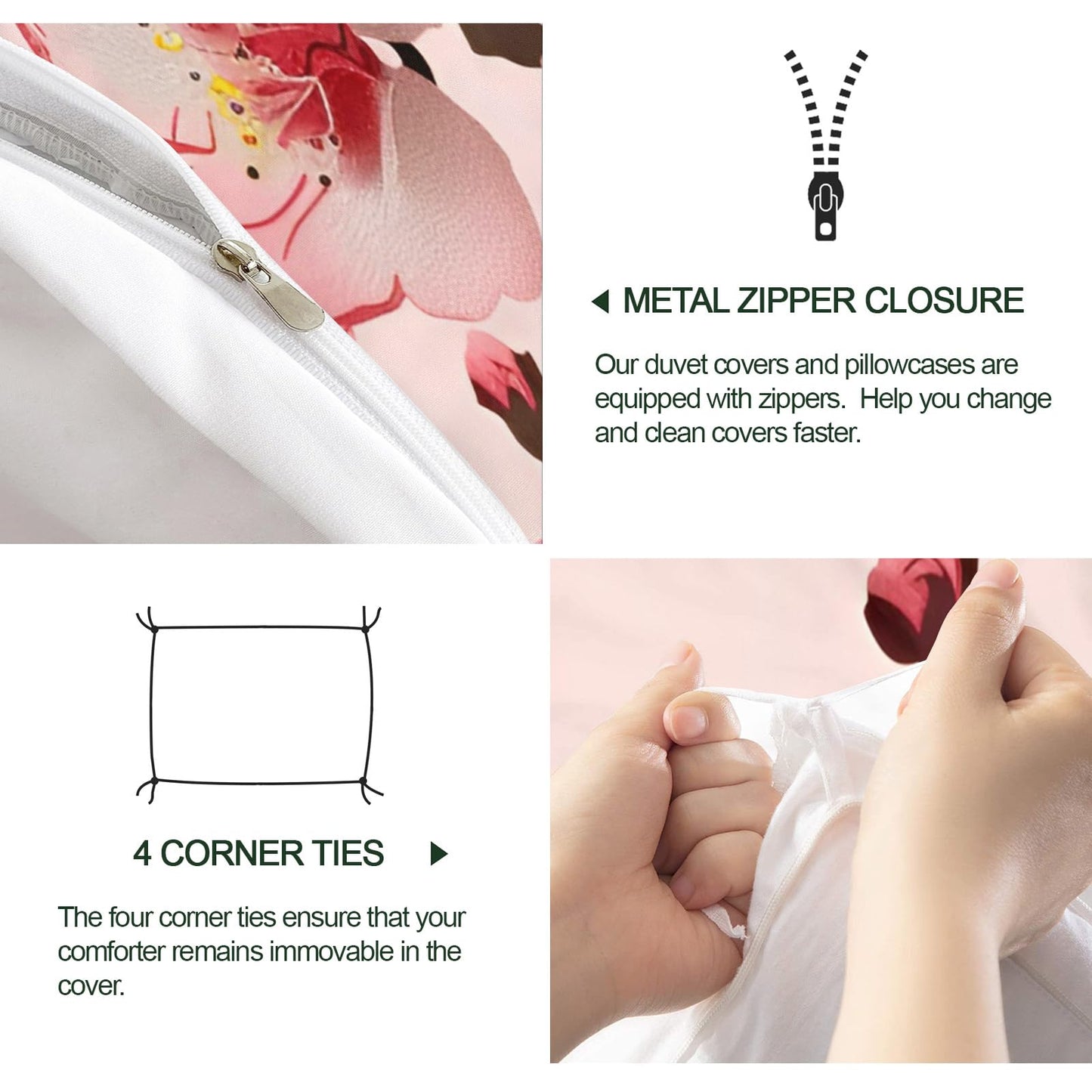 QINYUN Pink Floral Comforter Set Oversized King, Cherry Blossoms Bedding Set 3 Piece, Cherry Blossoms Comforter Cover and 2 Pillow Sham with Zipper Closure
