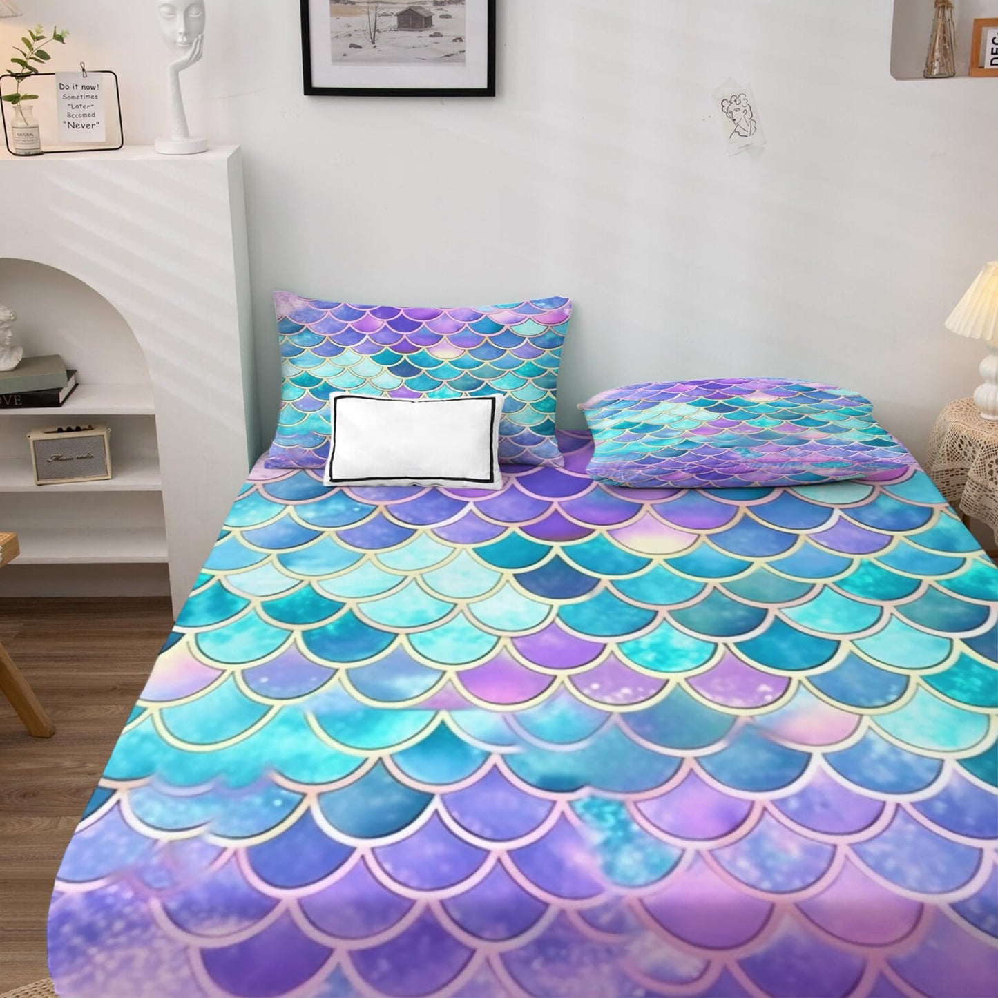 Mermaid Scale Sheets King Sheet Sets - Girls Bed Sheets, Soft Microfiber & Deep Pocket & Wrinkle Free Patterned Bedding Sheets & Pillowcases, 4 Piece ( 1 Fitted Sheet, 1 Flat Sheet, 2 Pillow Cases )
