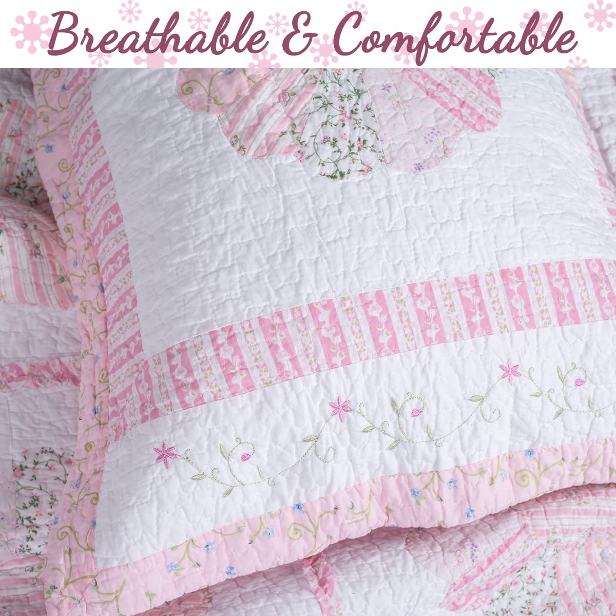 Cozy Line Home Fashions 100% Cotton Real Patchwork Pink Flora Dresden Plate Reversible Quilt Bedding Set, Coverlet, Bedspread (Daisy Field, Queen - 3 Piece)