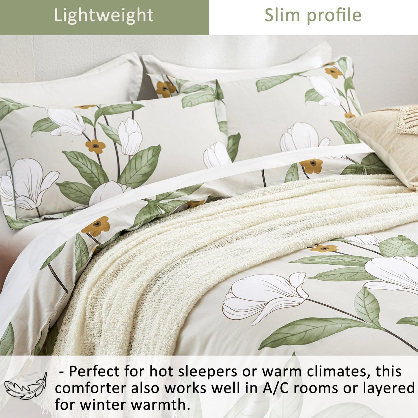 ALEISSEL Pale Moss Green Botanical Cotton Comforter King Size - 3PC Lightweight Bedding Sets with Ultra-Soft Alternative Fill, Floral Design with Leaf & White Magnolias (1 Comforter, 2 Pillowshams)