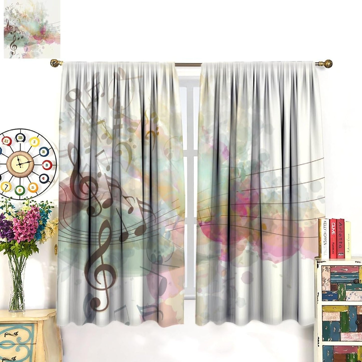 HZOHNAGO Music Curtains Colorful Shadow Music Notes Pattern Blackout Print Rod Pocket Window Drapes for Bedroom Living Room 42x45in