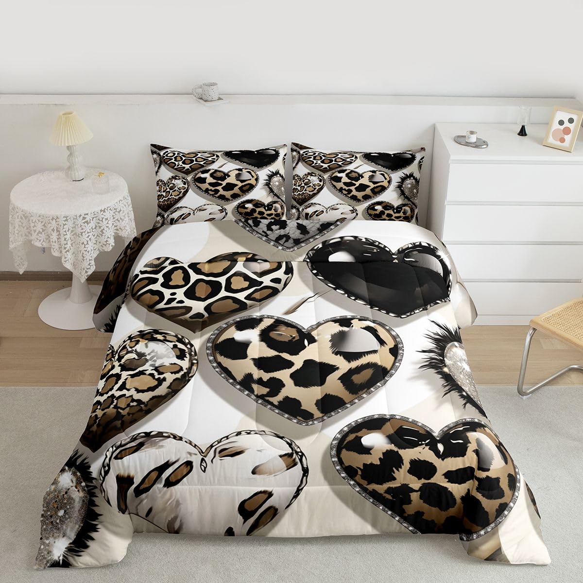 Erosebridal Abstract Geometric Kids Comforter Sets Leopard Love Heart Pattern King Bedding Set for Boys Girls Animal Cheetah Print Comforter Set,Fashion Glamorous Quilt Duvet 3 Pcs