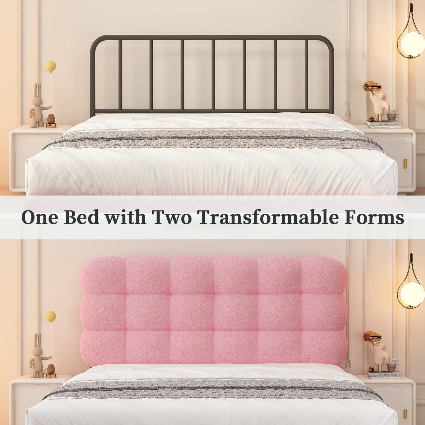 BarnFurin Full Size Bed Frame with Upholstered Headboard, Soft Boucle Fabric, Platform Bed with Strong Wooden Slats Support, Two Bed Forms Design, No Boxing Spring Needed, Easy Assembly, Pink