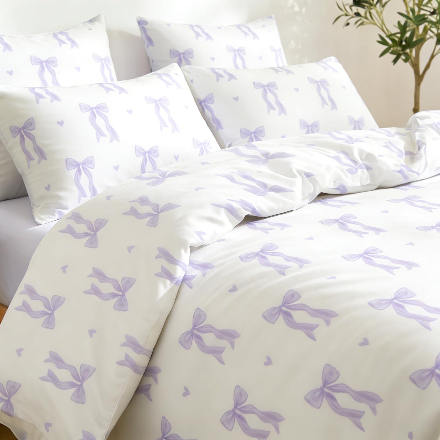 Sedefen Purple Bow Duvet Cover, 3 Pieces Cute Heart Pattern Bedding Set, Reversible Coquette Aesthetic Bowknot Love Printed Duvet Cover Set for Girls Bedroom, All Season