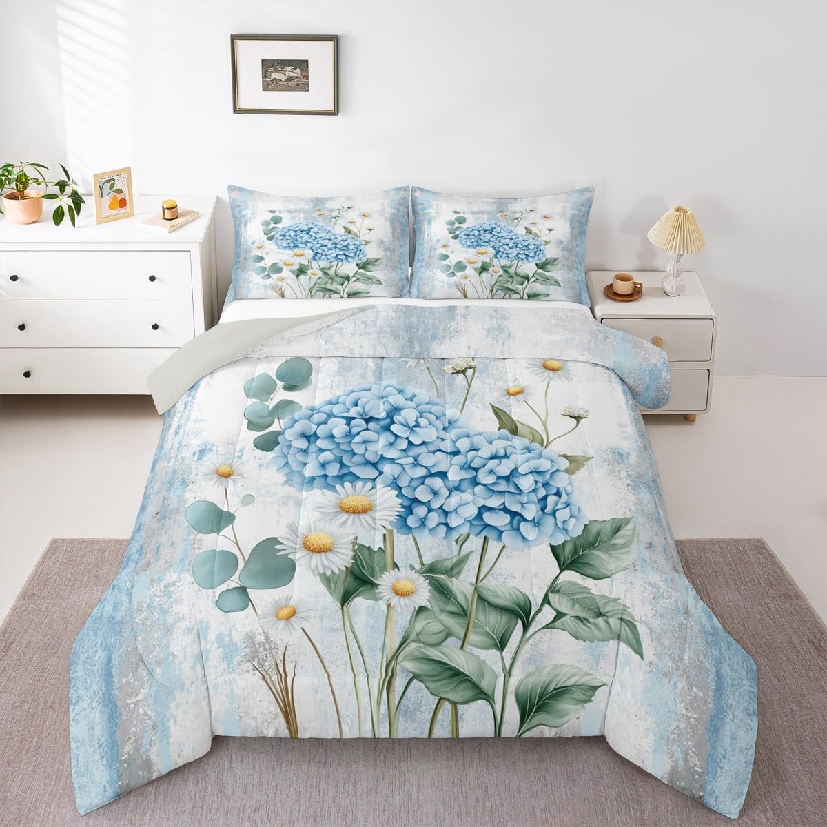 Erosebridal Blue Hydrangea Flower Queen Comforter Set Spring Blossom Bedding Set Abstract Oil Painting Bed Set Watercolor Floral Rustic Farmhouse Quilt Set Ombre Blue Grey Design for Adults