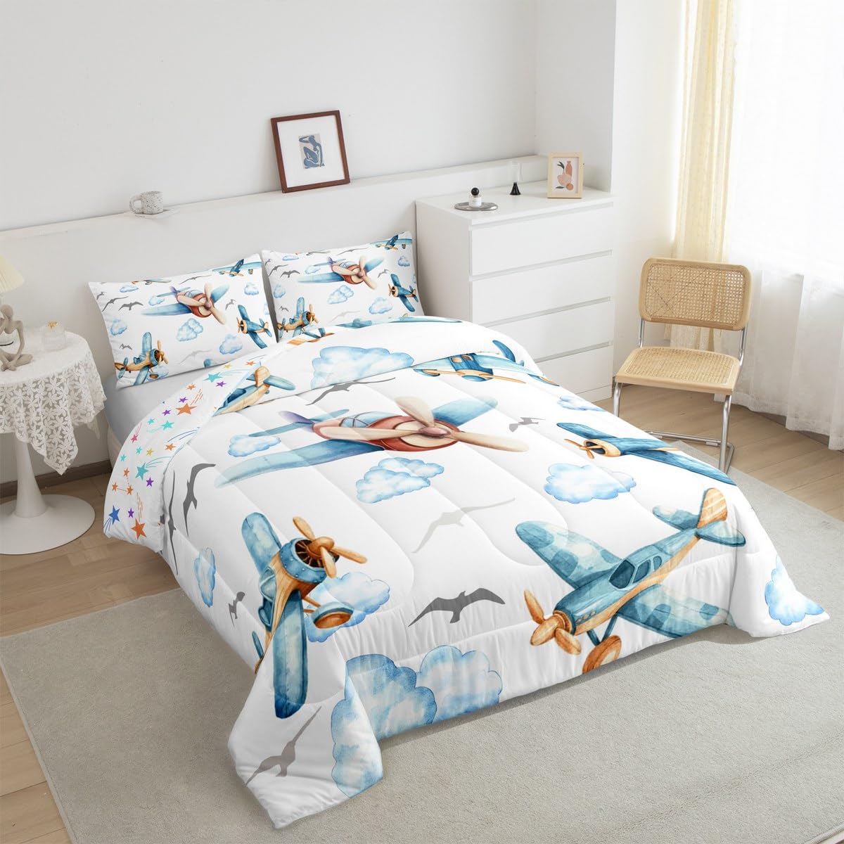Erosebridal Boys Cartoon Propeller Plane Full Comforter Set, Aircraft Airplane Bedding Set, Blue Clouds Comforter for Kids Child Girls Adults Bedroom, Flying Birds Animals Duvet Insert