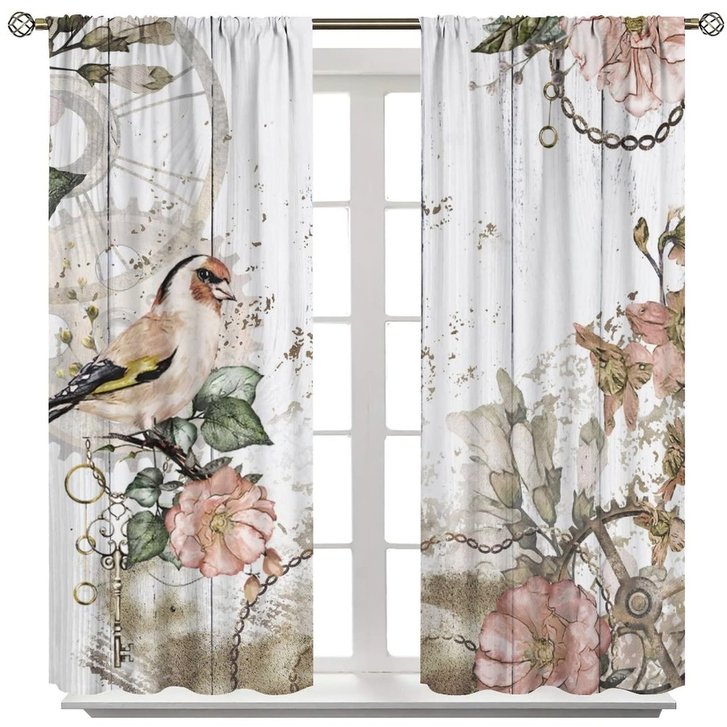 Floral Bird Window Curtains,Vintage Rustic Farmhouse Spring Flower Wooden Background Window Treatments Curtains for Living Room Bedroom Kitchen Bathroom W42xL45in