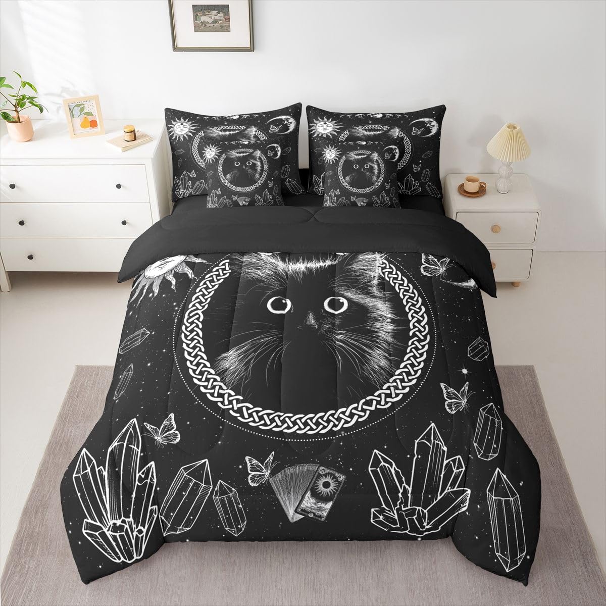 Erosebridal Cartoon Black Cat 7-Piece Bedding Set Full Size for Kids Teens Adults - Kids Cute Cat Bed in a Bag Boho Sun and Moon Comforter Set with Sheets Boho Diamond Butterfly Duvet Insert