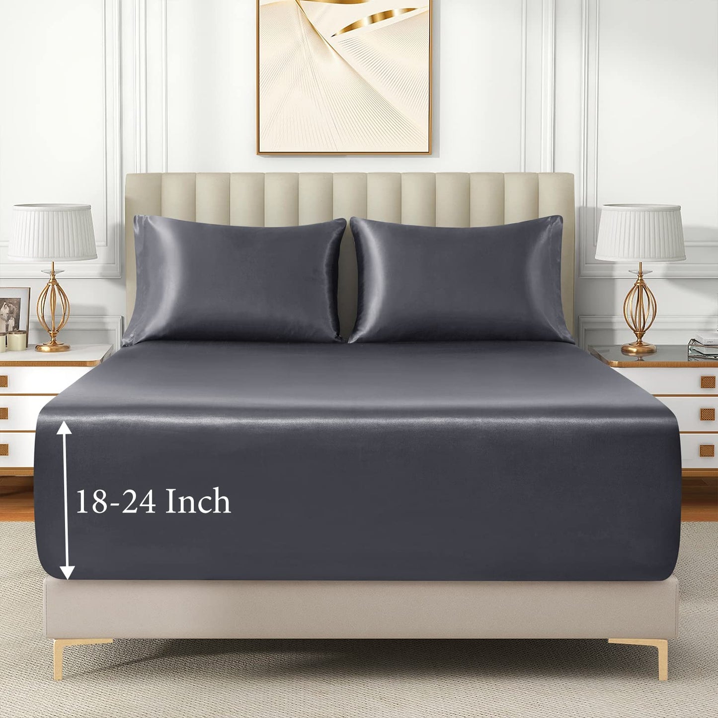 VACVELT 3pcs Extra Deep Pocket Satin Fitted Sheet Set King Bed Set, Grey Bottom Sheet Fit 18-24 Inch Deep Pocket Mattress, Silky Bedding Set Soft & Ultra Deep Fitted Sheet & 2 Pillowcase