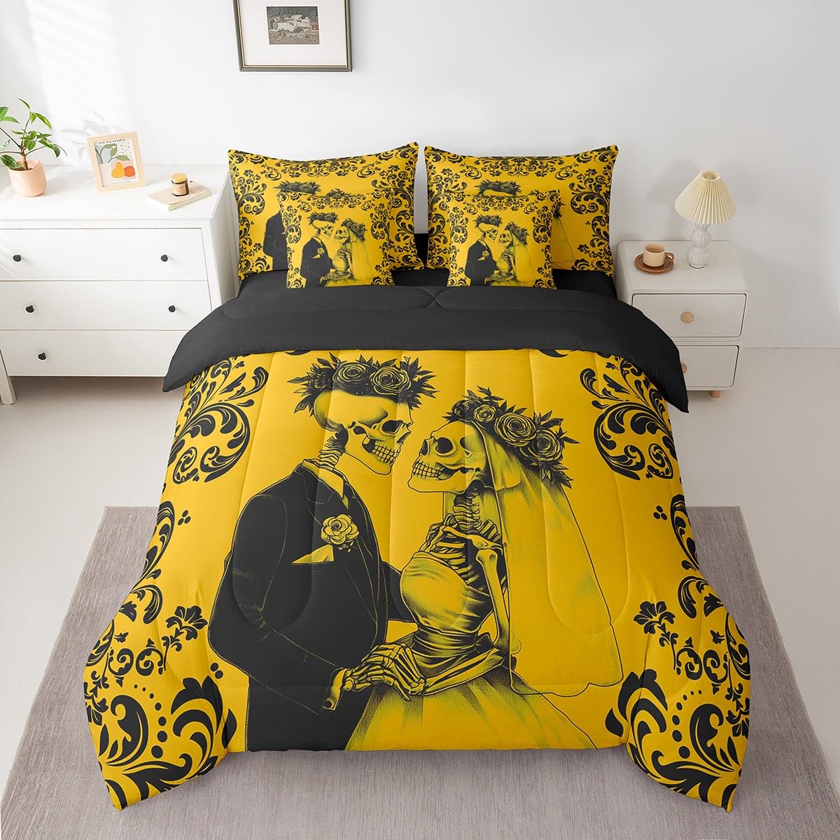 Erosebridal Gothic Skull Bed in A Bag 7 Piece Queen Yellow Black Couple Rose Skull Comforter Set with Sheets Damask Skeleton Goth Bedding Set for Women Men Romantic Wedding Valentines Day Bed Set