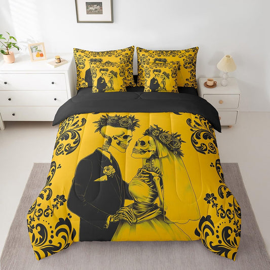 Erosebridal Gothic Skull Bed in A Bag 7 Piece Queen Yellow Black Couple Rose Skull Comforter Set with Sheets Damask Skeleton Goth Bedding Set for Women Men Romantic Wedding Valentines Day Bed Set