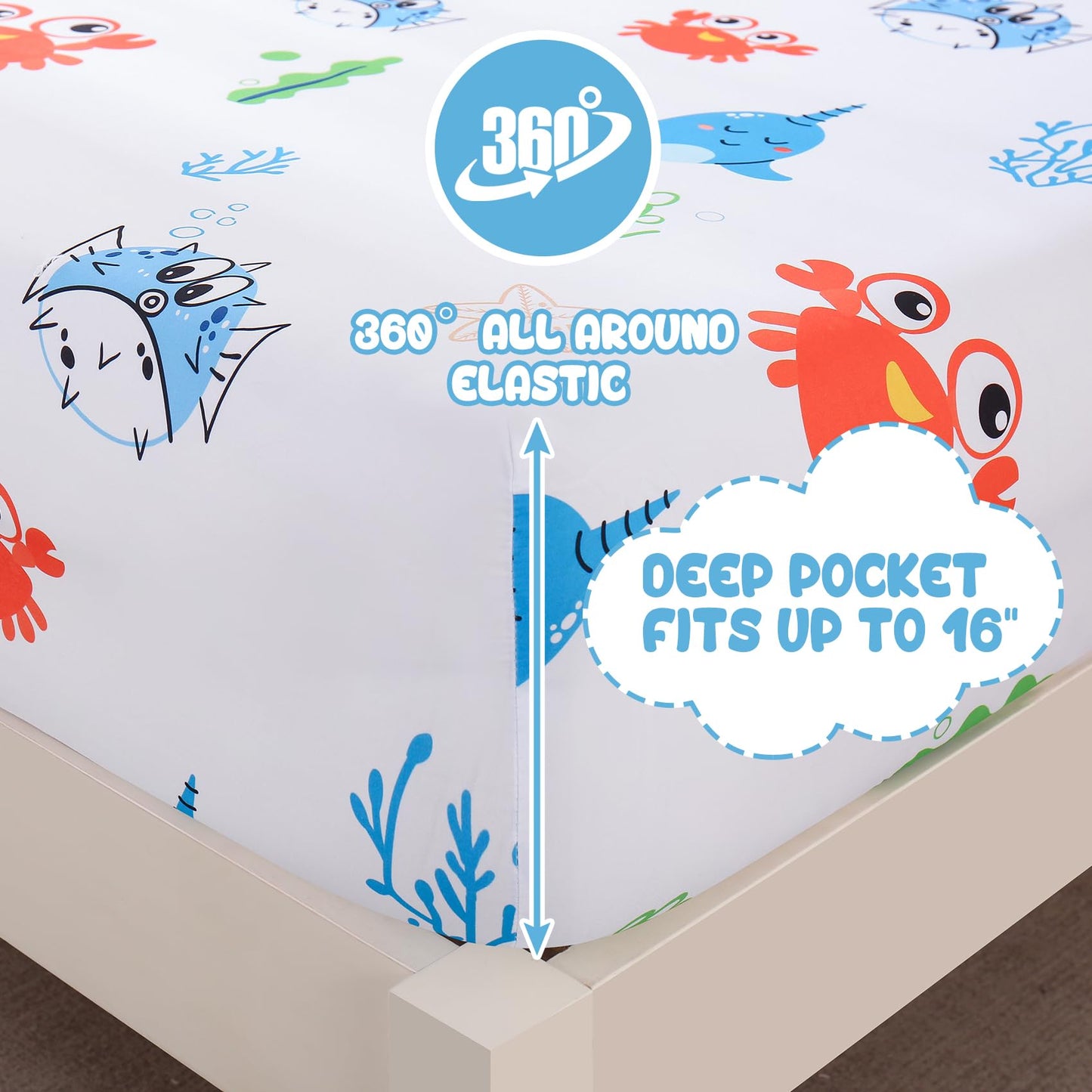 Yibeizi Twin Sheets Set Kids Beach Bedding Coastal Bed Sheets for Boys Ocean Print Bedsheets Microfiber Deep Pocket Nautical Patterned Bed Sheet & Pillowcase Sets 3 Pieces