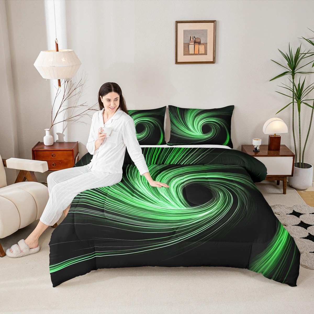 Erosebridal Green Black Kids Comforter Sets Black Hole Abstract Geometric King Bedding Set for Boys Girls Modern Circle Swirl Striped Comforter Set,Fashion Geometric Stripes Line Quilt Duvet 3 Pcs