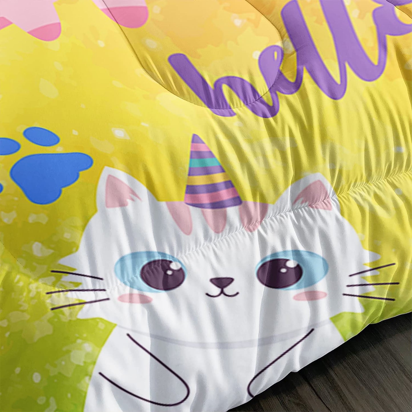 Axolotl Cat Bedding Twin Cartoon Cat Comforter Set, Rainbow Printed Kids Bedding Set for Girls, Adults, Teens, Kids Comforter Set All Season, 1 Quilt 2 Pillow Cases, Colorful Pink Blue
