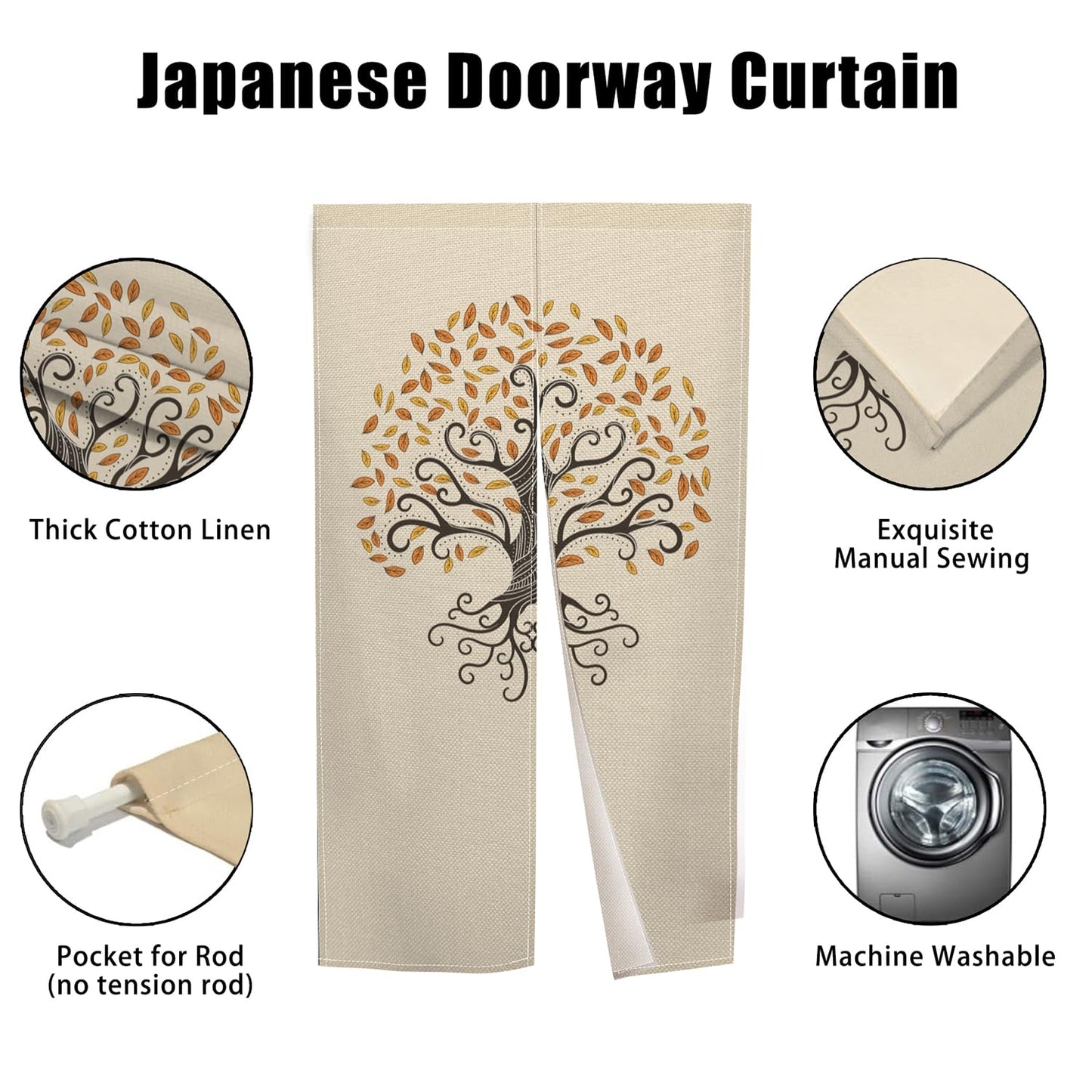 XMJJKUF Tree Japanese Noren Doorway Curtain Life Bohemia Style Printed Long Style Window Treatment Feng Shui Door Curtain Tapestry for Room Divider Kitchen Home Decorations,33.5"x 70.9"
