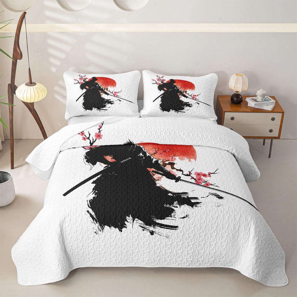 Erosebridal Samurai Quilts Twin Size - Japan Warrior Bedspread Coverlet Set, Red Sun Quilt Coverlets 2Pcs (Only 1 Pillowcase)