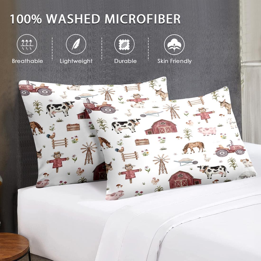 WeCozy Queen Size 4 Pcs Bed Fitted Sheet Set with 14" Deep Pocket, Animal Farm Tractor Flat Sheet Set for Kids and Adults, House Tree Pig Bedding with 2 Pillowcases for Bedroom Decor
