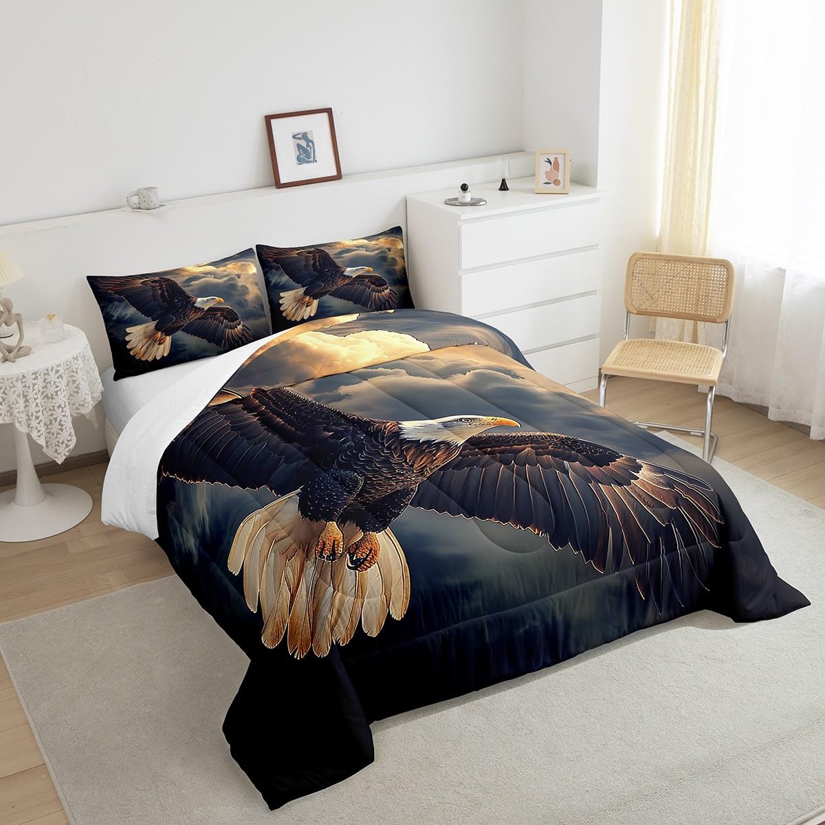 Manfei Flying Eagle Bed Comforter Set Queen Size,Wild Nature Animal Super Soft Microfiber Bedding Set for Girls Boys,Nature Clouds Sky Sunshine Print Decorative Quilter Set