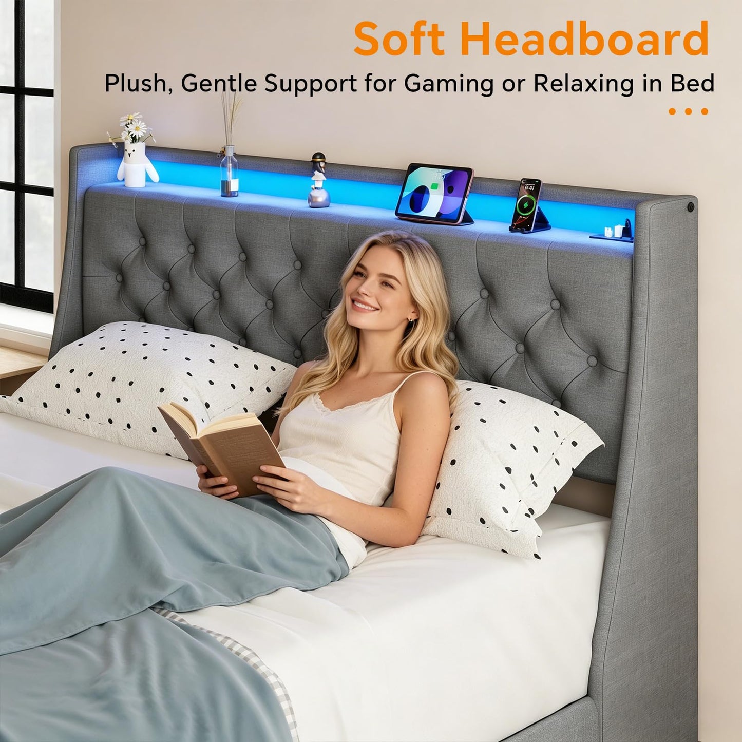 SADENICEL Full Size Bed Frame with Storage Headboard and 2 Drawer, Metal Full Bed Frame Platform with LED Light, Charging Station, No Box Spring Needed, Noise Free, Easy Assembly, Grey