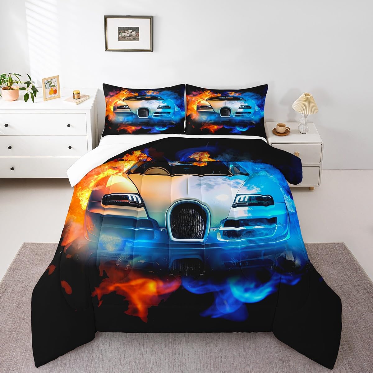 Feelyou Kids Sports Car Bedding Set Luxury Yin Yang Race Car Bedding Set for Boys Girls Men Extreme Sports Theme Comforter Cool Speed Racing Car Comforter Set Bedroom Collection 2Pcs Twin Size