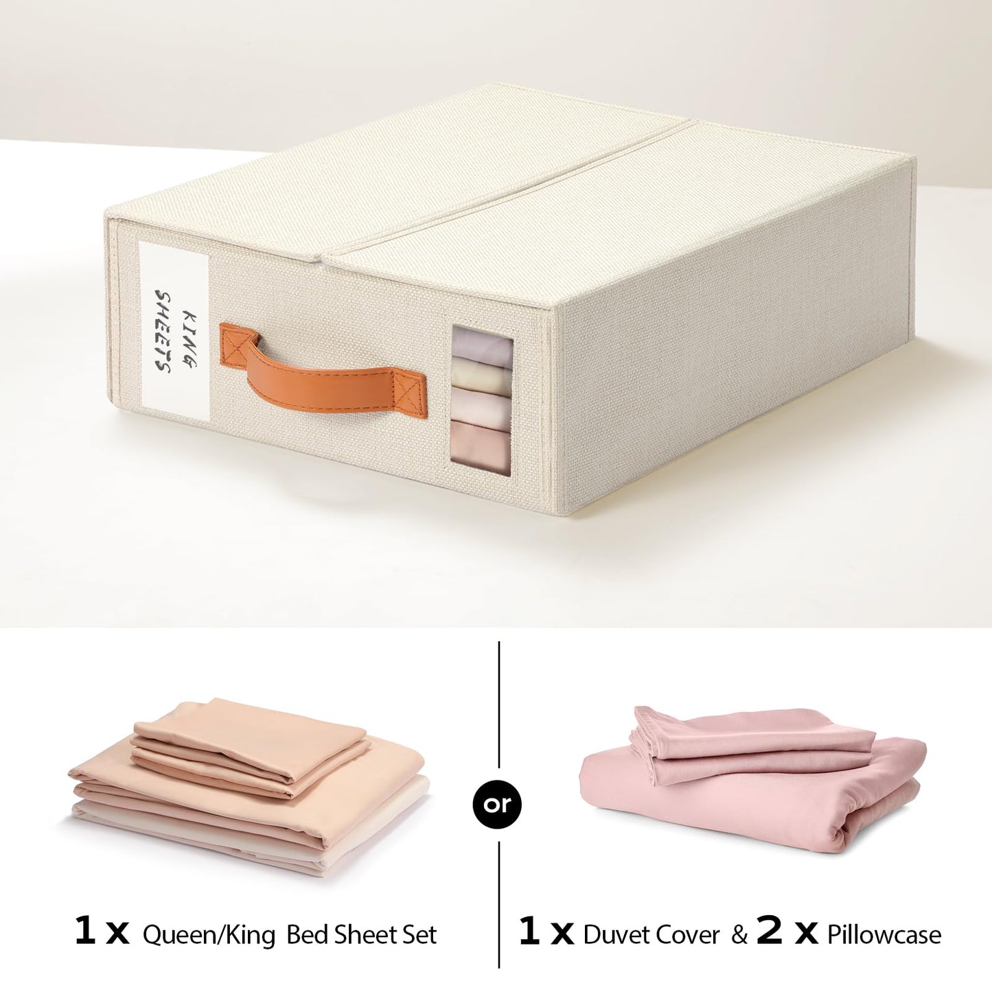 Yecaye 4 Pack Bed Sheet Organizer, Foldable Linen Closet Organizers and Storage (Queen & King Size) with Window & Label, Bedding Storage Box for Bedsheets, Duvet Covers and Pillow, Beige