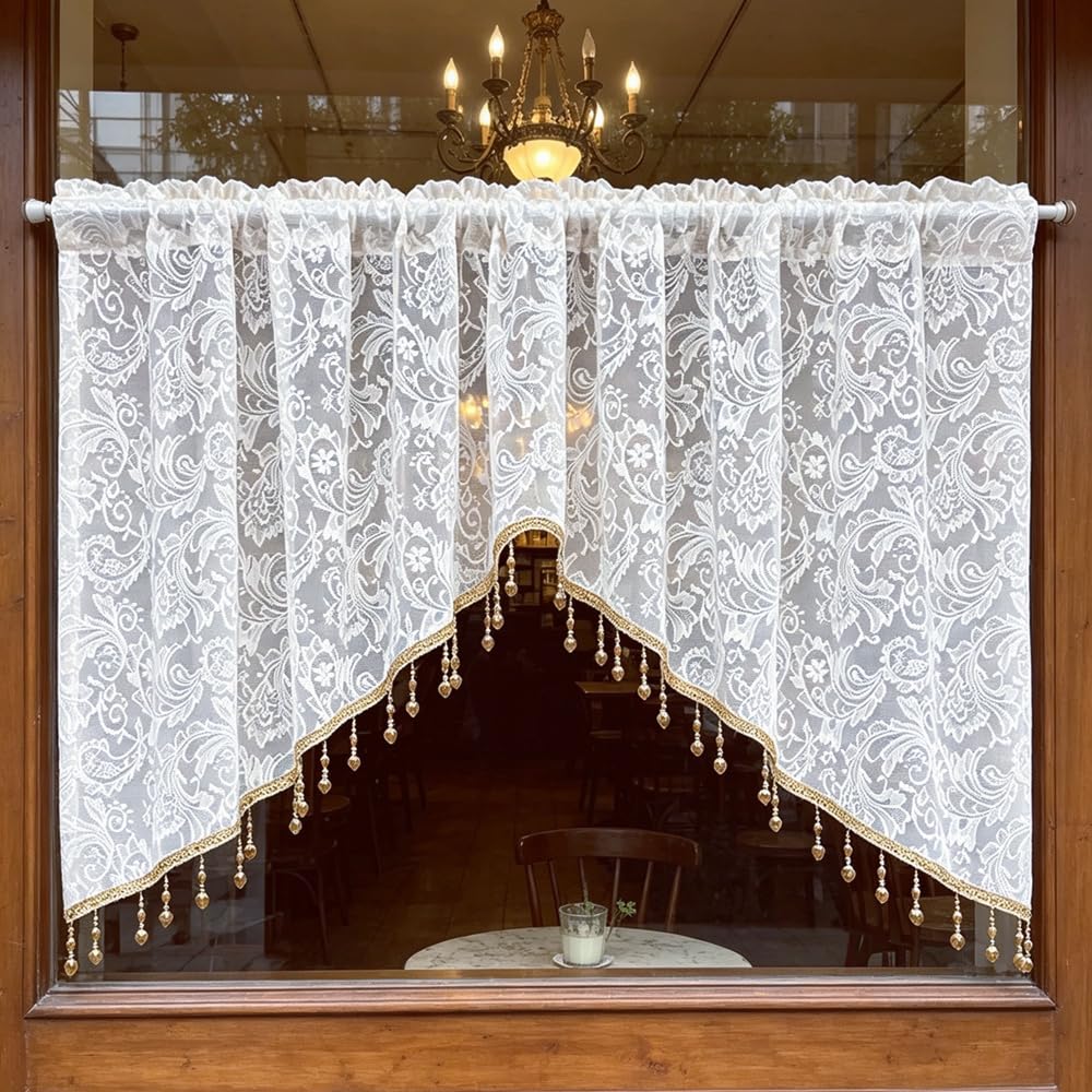 Luxury Victorian Floral White Lace Swag Valance for Arched Door