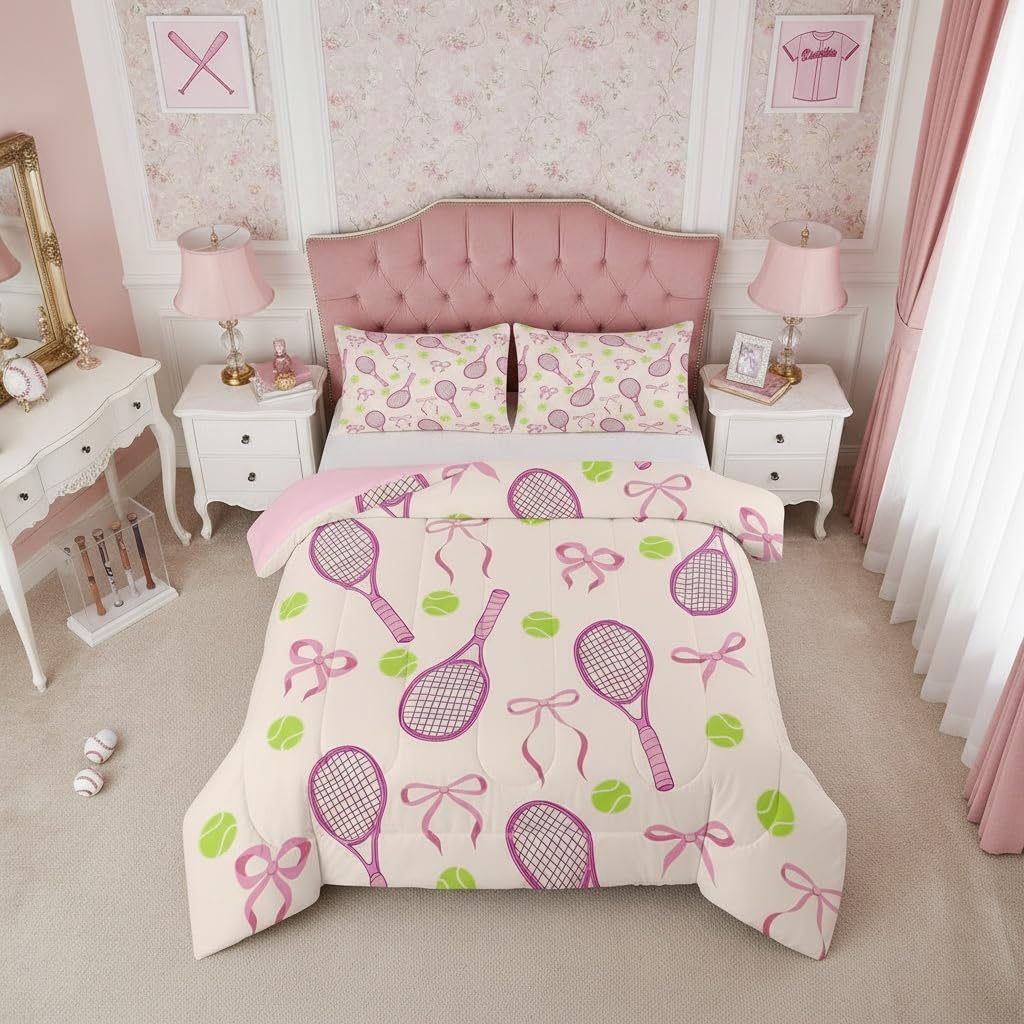 Tennis Kids Full Comforter Sets,Girls Sport Cute Bowknot Reversible Bedding Set for Boys Teens,Outdoor Sport Ball Game Quilt Set 3 PCS,Pink Yellow Cute Princess Duvet Insert,2 Pillow Cases