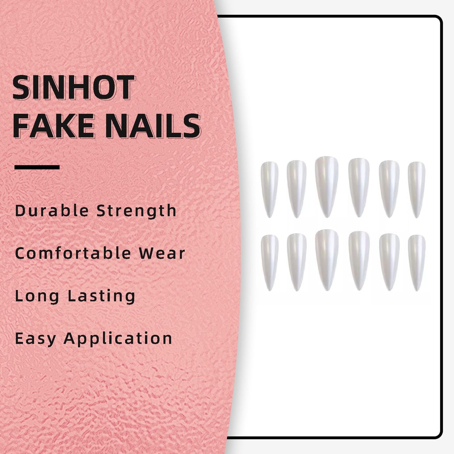 SINHOT Stiletto Press on Nails - Long Fake Nails, Glossy Finish, Pearlescent & White Natural, DIY Artificial False Nail Art - 24 Pcs Nail Kit with Glue