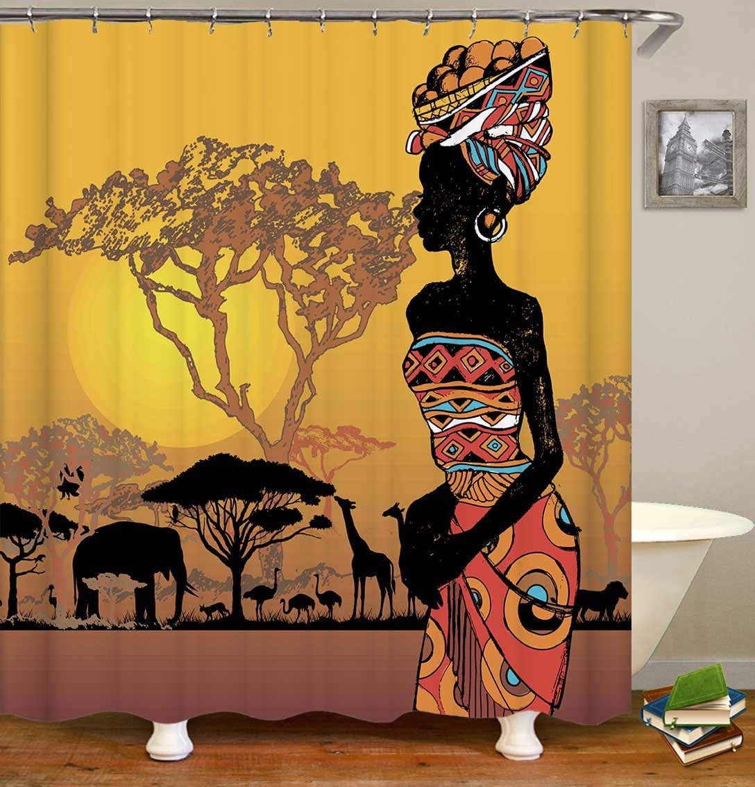 Jayden Madge 4PCS Afro Girl Shower Curtain Set, Sunset Safari Animals African Ethnic Tribal Melanin Black Women Bathroom Decor, Waterproof Fabric Yellow Shower Curtain, Non-Slip Bath Mat Toilet Rug
