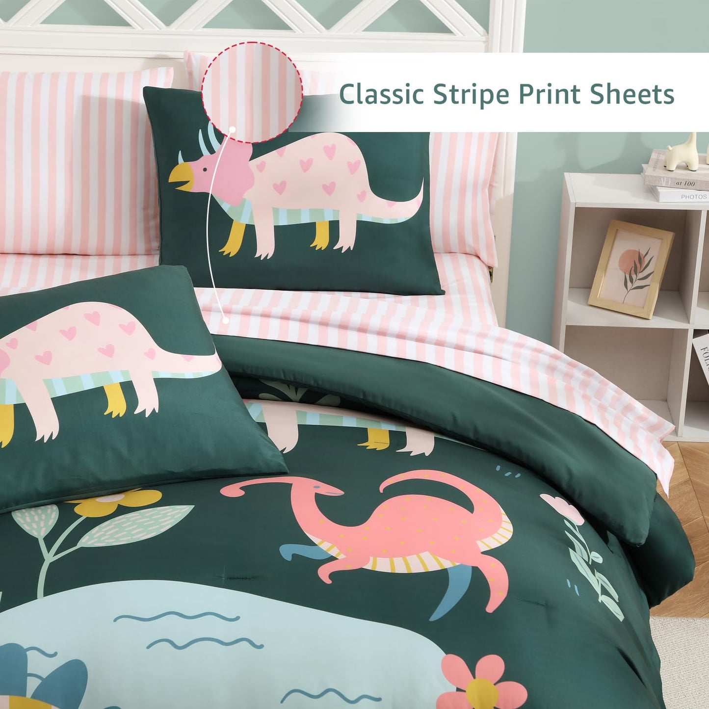 AMBERSPACE Twin XL Comforter Set for Girls, Dinosaur Kids Bedding Set with Cute Floral, All Season Boys Teen Bed in a Bag Dorm 5 Pieces with Sheets, Pillowcase & Sham