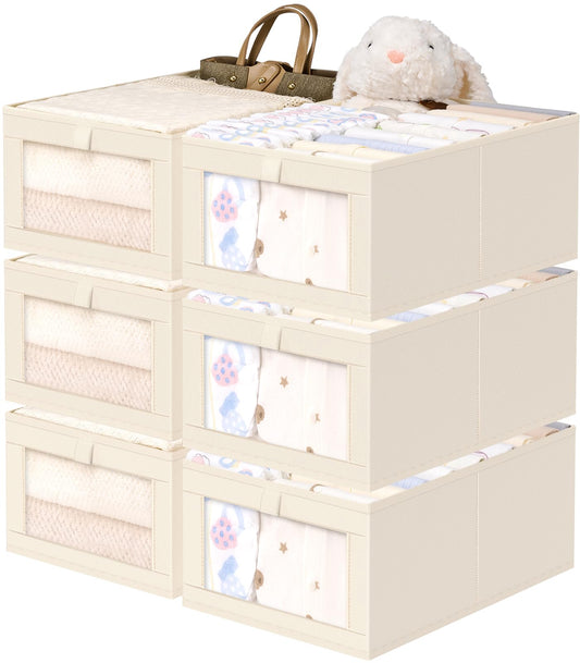 Criusia 6 Pack Linen Closet Organizers and Storage, Large Linen Closet Baskets for Organization, Foldable Storage Containers for Clothing, Towels, Toys, Jeans, Books, Shelves, Beige