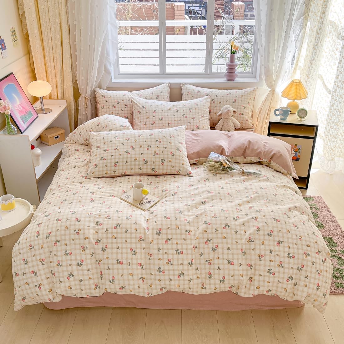 LIWHENHAO Strawberry Duvet Cover Set Twin 100% Cotton Bedding Red Yellow Fruit Floral Flower on Cream White 1 Plaid Grid Comforter Cover Zipper Closure 2 Pillowcases for Kids Girls Boys