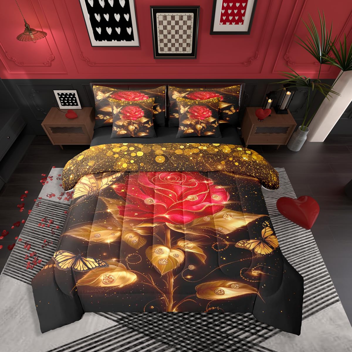 Erosebridal Red Gold Rose Queen Bedding Set 7 Piece Romantic Glitter Butterfly Roses Bed in A Bag with Sheets Valentine Day Gift Comforter Set for Women Men Adults,Golden Floral Flowers Bed Sets