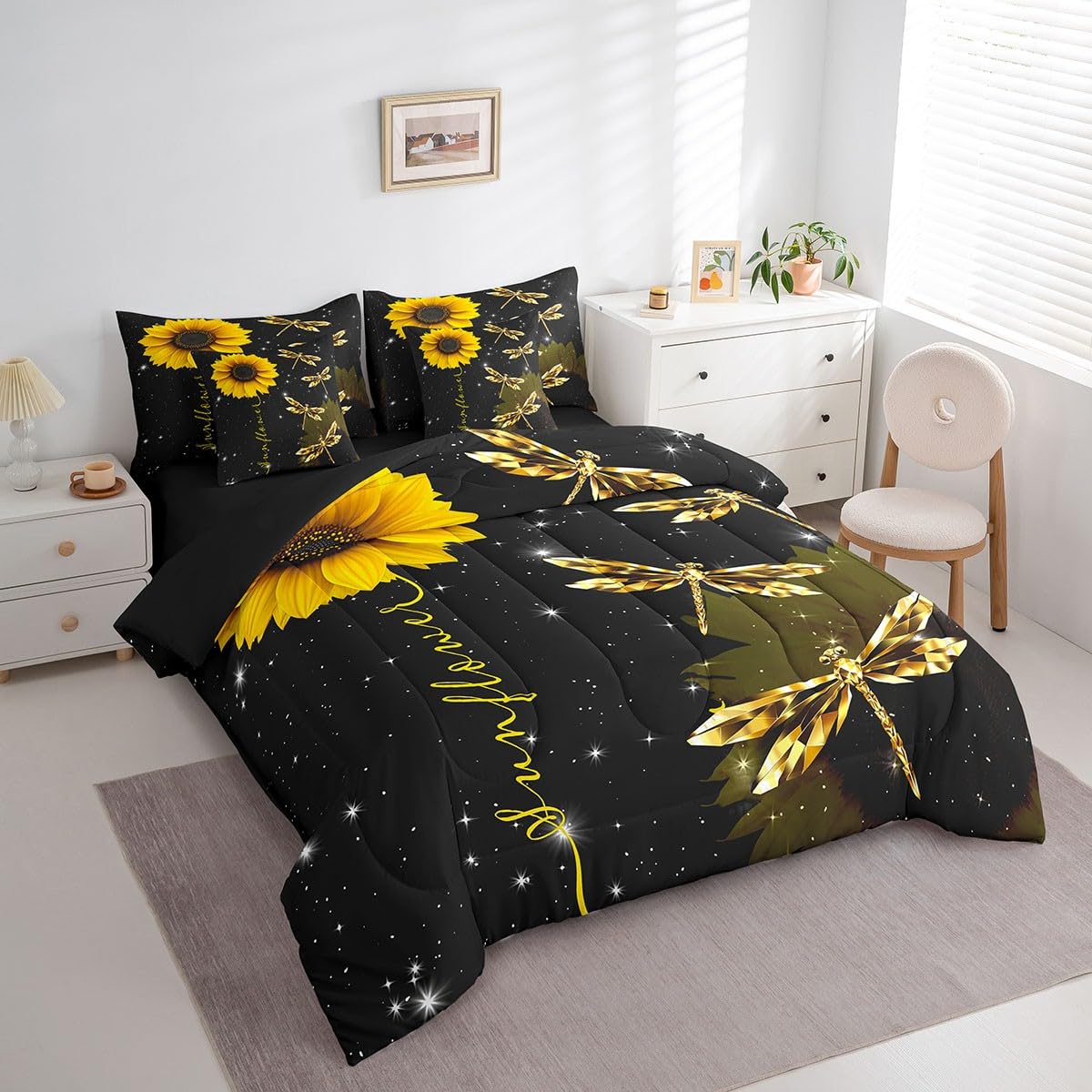 Erosebridal Sunflower 7 Piece Comforter Set Full Bed in a Bag,Gold Dragonfly Bedding Sets Glitter Starry Sky Galaxy Comforter and Sheet Set,Sunny Flower Rustic Aesthetic Animal Room Decor