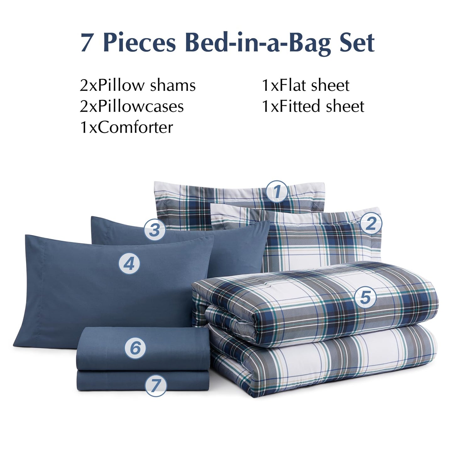 MaiRêve Queen Size Plaid Comforter Set Blue White, Classic 7 Pieces Farmhouse Bedding Set, All Season Lightweight Bed in A Bag with Sheets, Pillowcases & Shams
