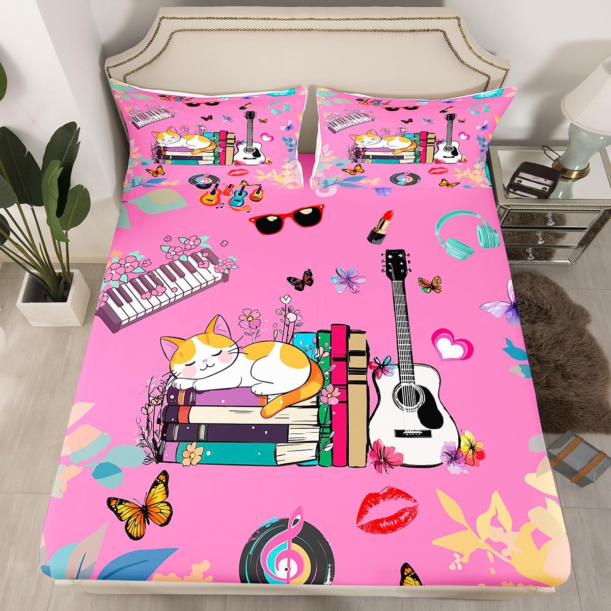 Erosebridal Music Themed Bed Sheets Set King Butterfly Sheet Set Music Book Cat Sheets for Fans Modern Fashion Pink Flat Fitted Sheet Birthday Valentines Day