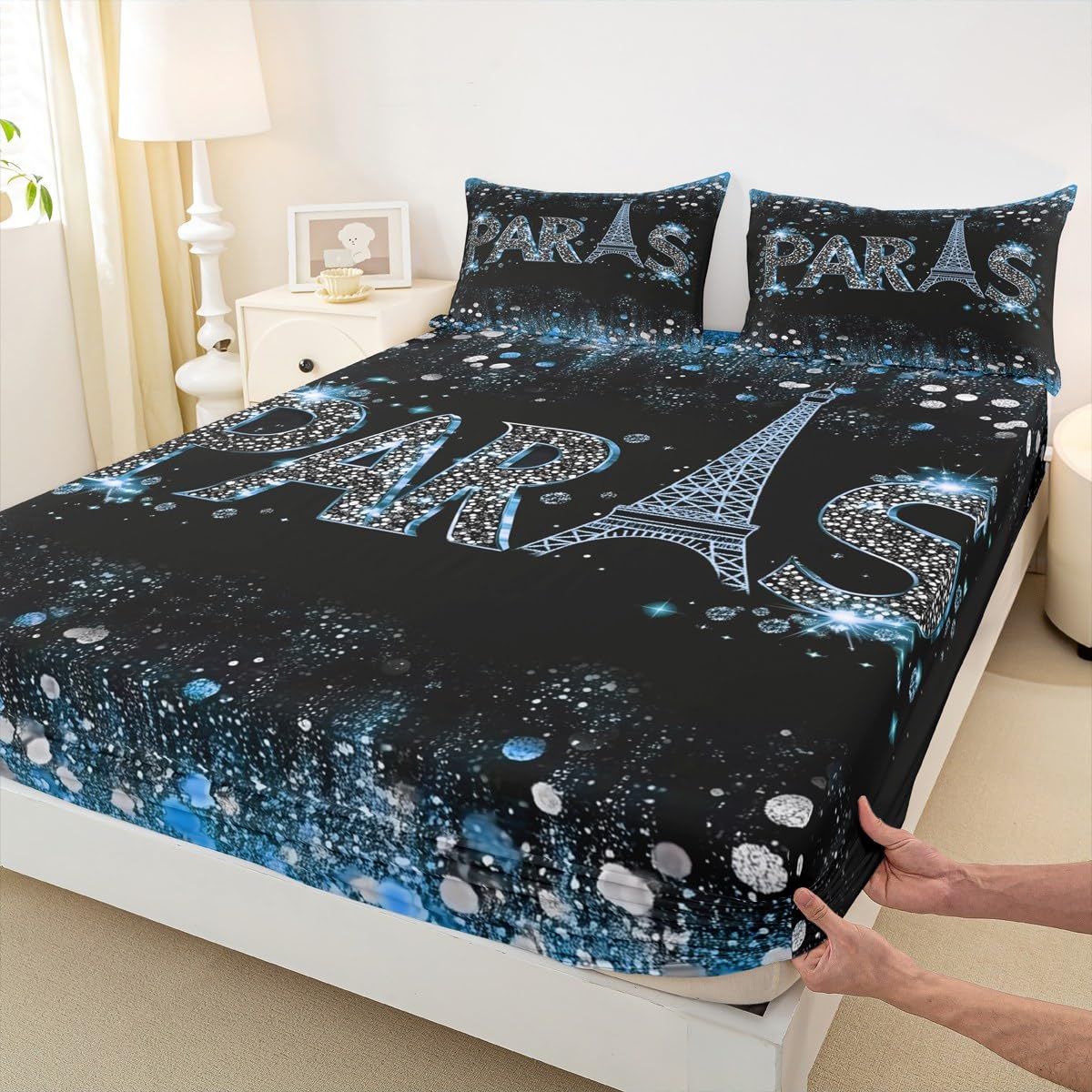 Eiffel Tower Fitted Sheet Full 3 Pcs,Romantic Paris City Sheets Sets Breathable Bedding(No Top Sheet),Blue Glitter Sequins Bed Sheet with Deep Pocket,Modern Fashion Bed Cover