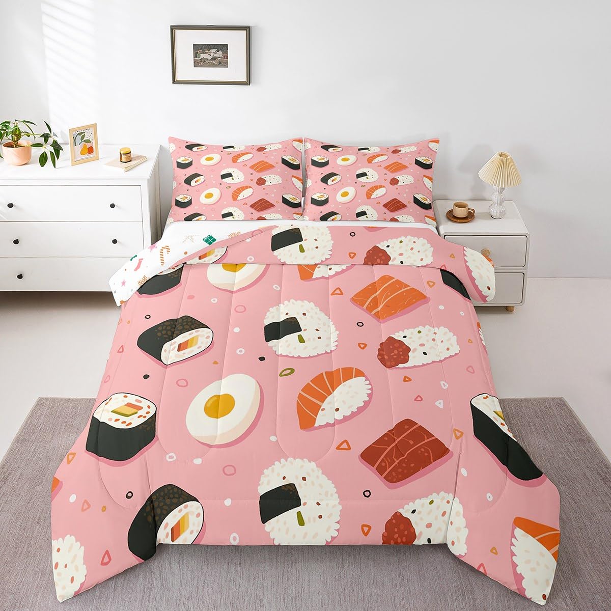 Erosebridal Cute Pink Sushi Comforter Set Queen Size,Japanese Food Bedding Set Sushi Gifts for Kids Girls Women,Funny Food Quilt Bed Set Cartoon Bed Comforter Sets with 2 Pillowcases Room Decor