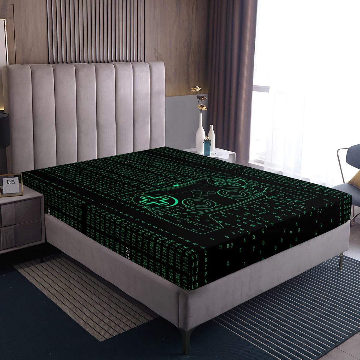 Kids Modern Gamer Bed Sheet Full Size Video Game Controller Fitted Sheet Gamepad Joystick Green Bedding Set for Boys Teens Adult Player Gaming Sheet Set Ultra Soft Room Decoration(No Top Sheet)