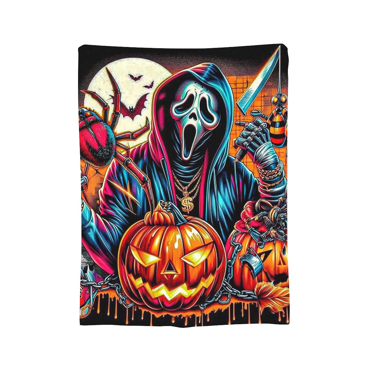 Halloween Ghostface with Pumpkins and Spiders Flannel Throw Blanket, 40"×50"（100 * 125cm Soft Anti-Pilling Fleece Blanket for Couch, Sofa, Bed, Lightweight and Breathable for Home, Office, Travel