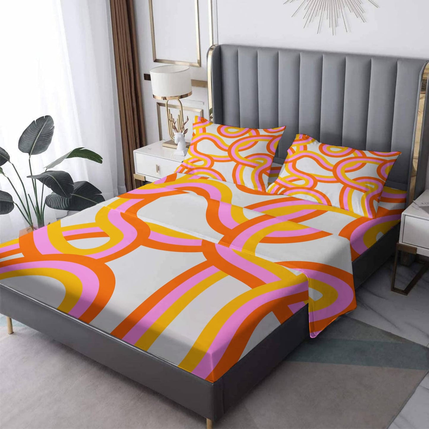 NOGAWA Abstract Sheets Full Size, 70s Retro Bed Sheets, Patterned Bedding Sheets & Pillowcases 4 Piece Set - Soft Microfiber Deep Pocket Fitted Sheet & Flat Sheet & 2 Pillow Cases