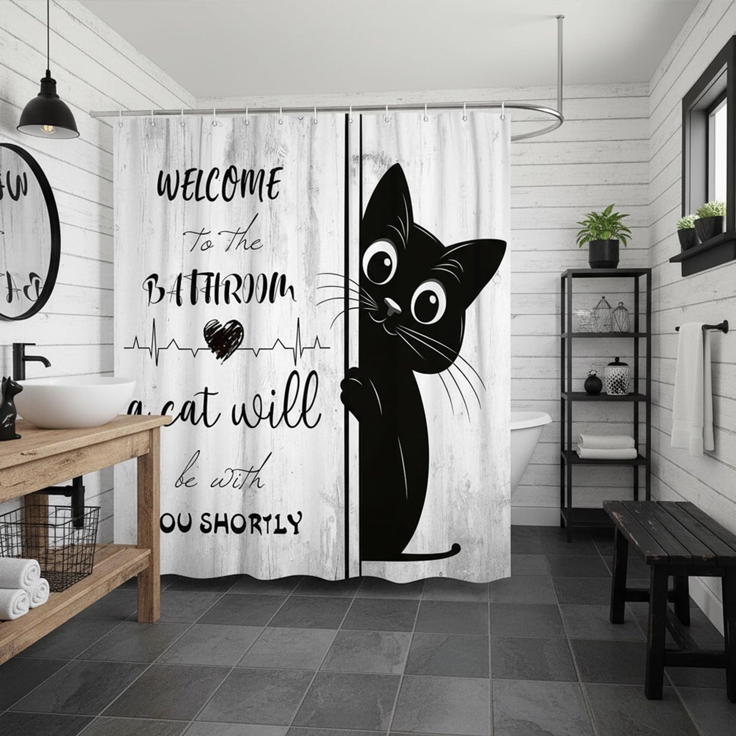 JAWO Funny Black Cat Shower Curtain, Welcome to The Bathroom Rustic Farmhouse Fabric Shower Curtain Set with Hooks, Cute Kitten Animal Waterproof Bath Curtain for Bathroom Decor,12pcs Hooks,69X70 in