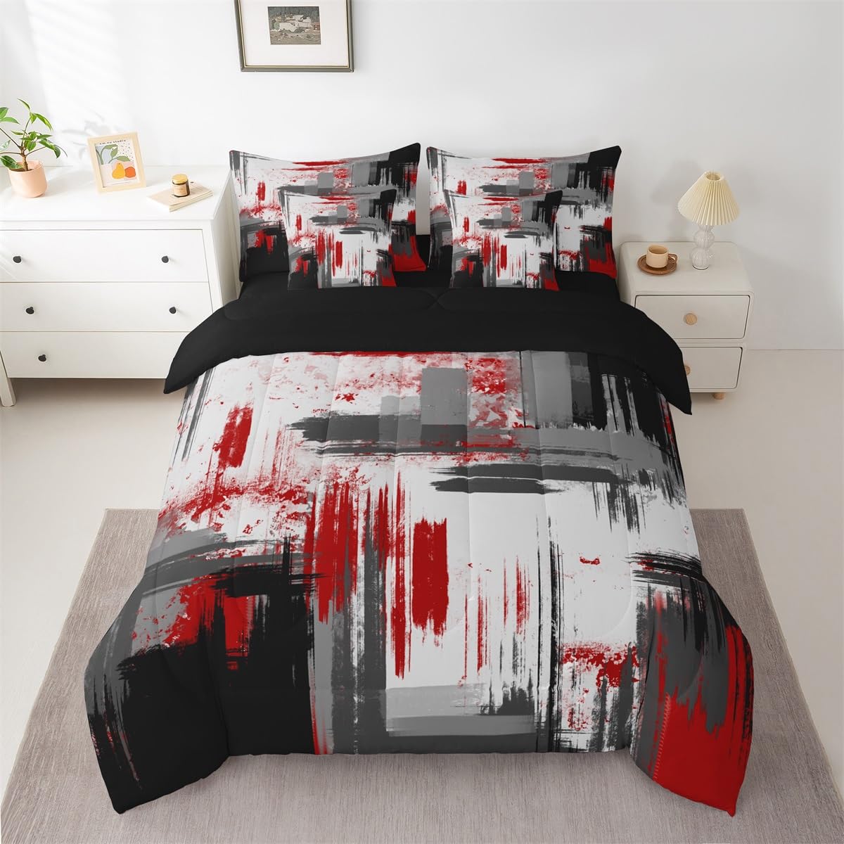 Feelyou Abstract Bed Set Includes Comforter, Sheet Set, Pillowcases & Pillow Covers Modern Abstract Art 7 Piece Bedding Set Children Red Grey Black Pattern Bedding Set Queen Size