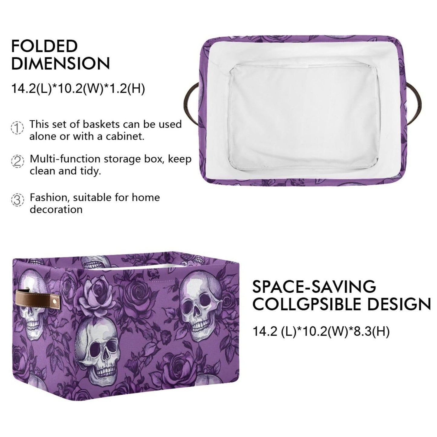 Purple Rose Skull Shelf Storage Baskets,Foldable Storage Bins with Handles,Rectangular Organizer Bin Gift Baskets Decor for Bedroom Home Office